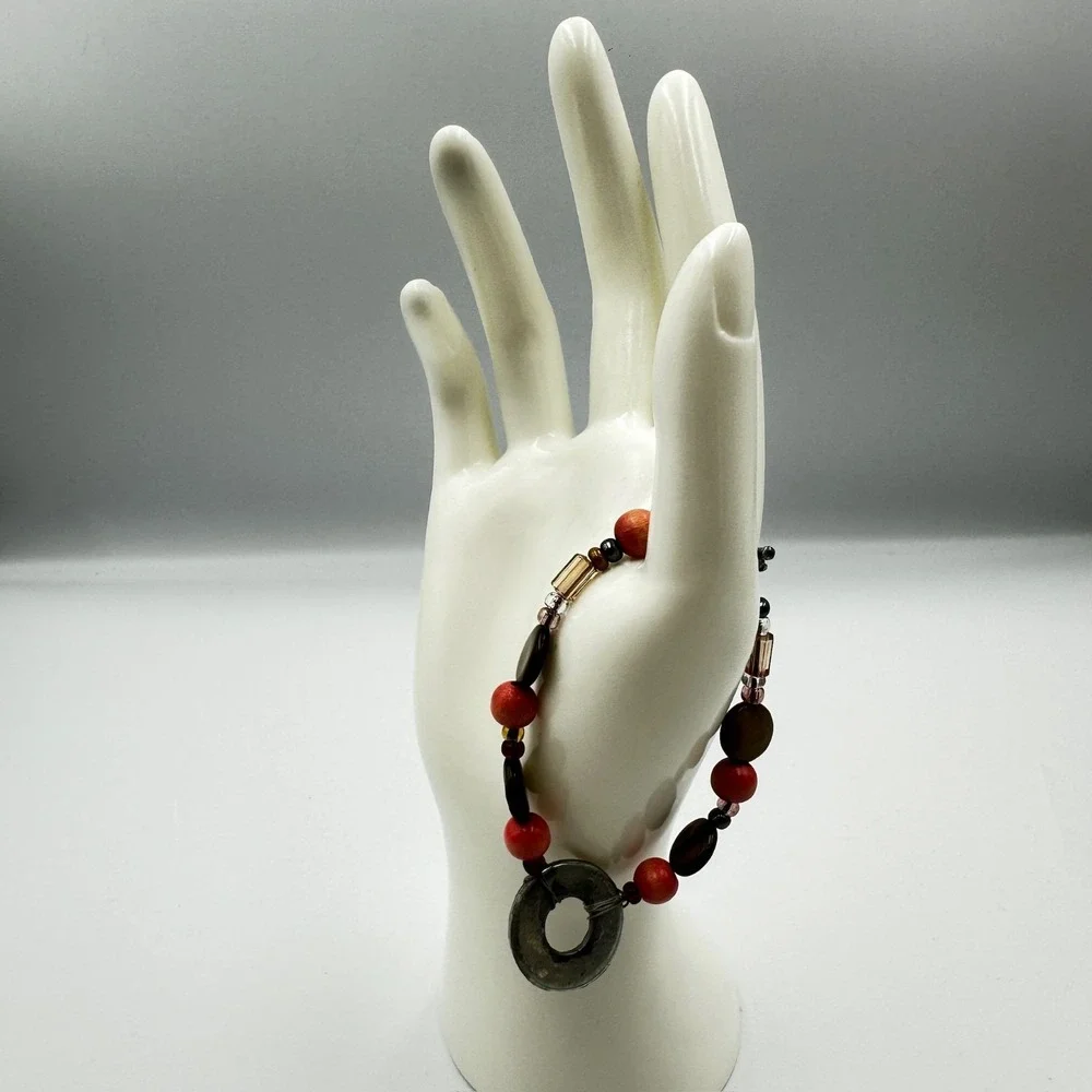 Vintage Boho Beaded Stretch Bracelet Red Wood Mother Of Pearl Shell Ring‎ Charm